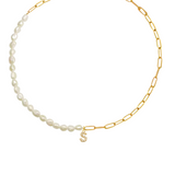 Freshwater pearls with gold paperclip necklace with pave initial charms. Perfect for gifts or any occasion. Paved initial charms for necklaces. Jewelry accessories for personalized initials. Perfect for gifts.