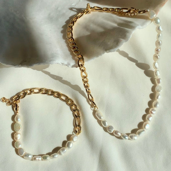 2 Piece Handmade Grevena Baroque Freshwater Pearl Curb Chain Set