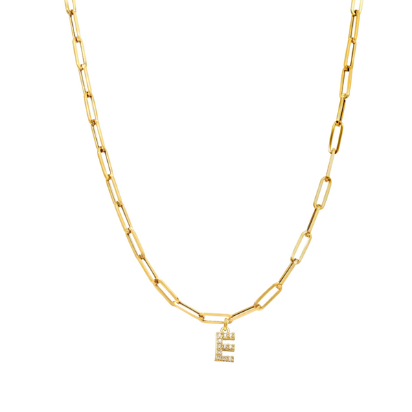 Pave Initial Charm Paperclip Necklace