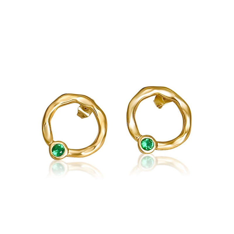 Hammered Circle Studs With Emerald Stone