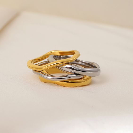 Two Tone Double Stacked Irregular Rings - Thick Silver