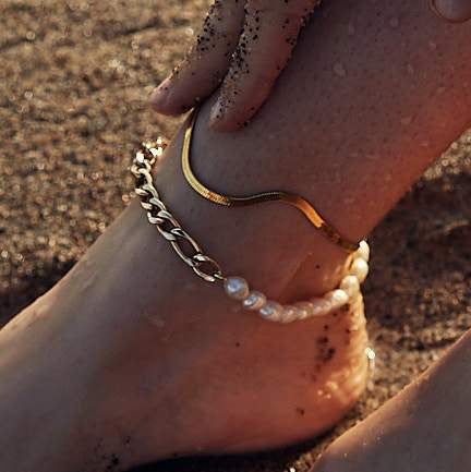 Handmade Chania Herringbone & Grevena Freshwater Pearl Anklet Set